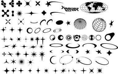 Vector Graphic Assets Set. Bold modern Shapes for Posters Template, flyers, clothes, social media, graphic design, sticker, In Y2k style, Futuristic, Anti-design, Digital Collage, Retro Futurist.