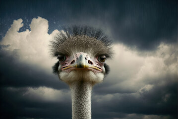 Ostrich raising its head to the clouds. Generative AI - obrazy, fototapety, plakaty