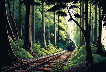 A railway seen from a wide angle passing through a forest. Generative AI