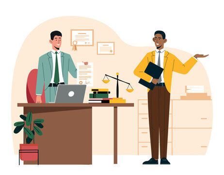 Lawyers office concept. Man came to lawyer, businessman and entrepreneur. Legal support of transactions and protection of couples of citizens. Poster or banner. Cartoon flat vector illustration