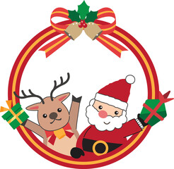 プレゼントを持ったサンタクロースとトナカイとリボンリースのイラスト