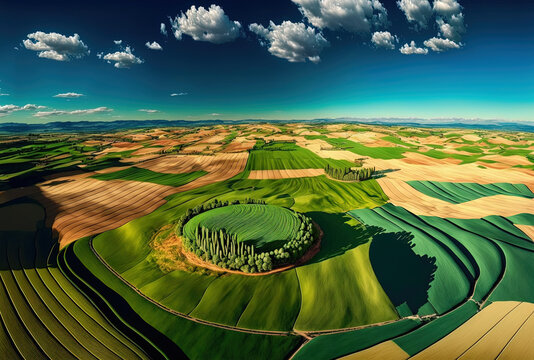 Italian aerial photograph shows stunning grass covered fields and a gorgeous sky. Generative AI