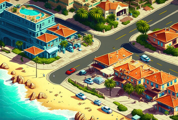 aerial view of the streets and residences close to the sandy beach. Generative AI