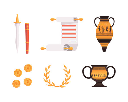 Ancient Greek Object With Coin, Laurel Wreath, Amphora, Scroll And Sword Vector Set