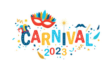 Carnaval 2023 cocept. Greeting and invitation postcard. Holiday, culture and tradition. Bright mask of feathers on background of confetti, brazilian festival. Cartoon flat vector illustration