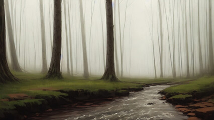 Mystical, foggy forest with towering trees and a babbling brook