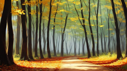 Serene forest path with dappled sunlight and fallen leaves