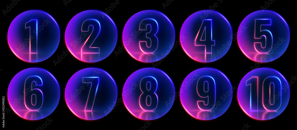 Poster 3d render, round buttons with neon numbers from one to ten glowing in the dark with ultraviolet ligh