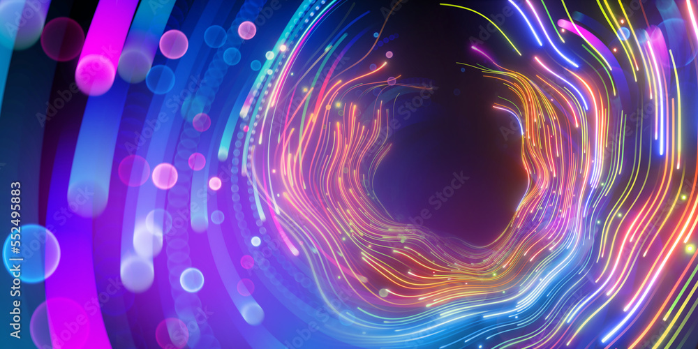 Poster 3d rendering. digital wallpaper, abstract neon background with colorful wavy glowing lines and bokeh