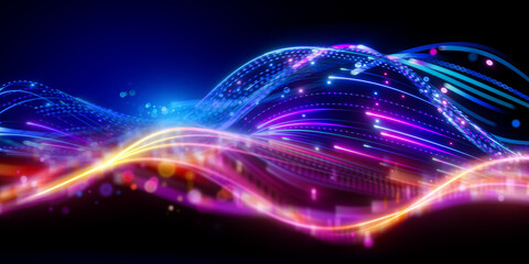3d render. Abstract futuristic background with blurry glowing wave and neon lines. Spiritual energy...