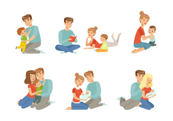 Parents with Their Children Spending Good Time Together Reading Book and Embracing Vector Set