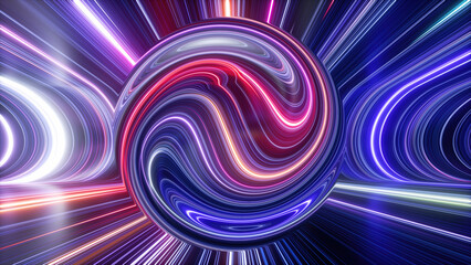 3d render, abstract background with optical illusion in the shape of a sphere. Modern wallpaper with neon curvy lines