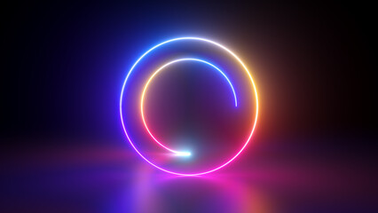 3d rendering. Abstract minimalist colorful neon background with round geometric shapes glowing in the dark