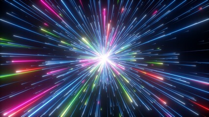 3d render, abstract colorful background of bright neon stars and glowing lines. Space meteor shower. Bright flash