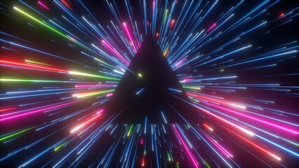 3d rendering, abstract neon background with colorful firework, glowing lines and falling stars. Triangular black hole and meteor shower
