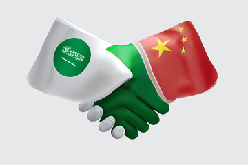 China and Saudi Arabia handshake 3d. Flags as a symbol of partnership and mutually beneficial...