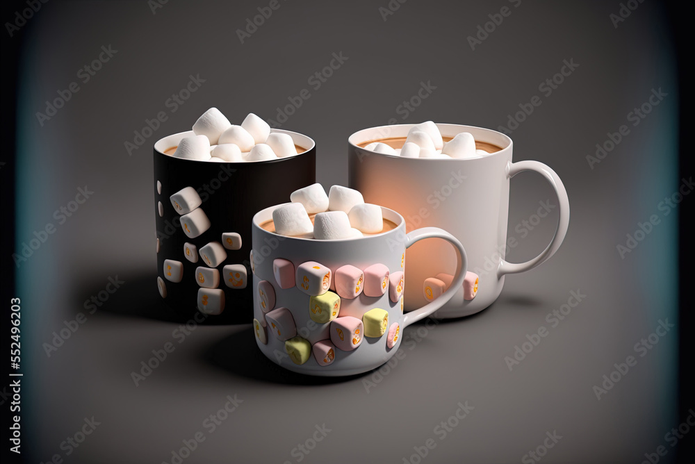 Poster cups of hot cocoa with marshmallows close by cozy apparel generative ai