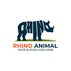 Obraz premium Rhinoceros animal logo design vector, logo with Warp Text Into the Shape of a rhino animal illustration