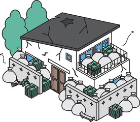 近隣に迷惑な放置されたゴミ屋敷のアイソメイラスト