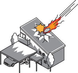 隕石の被害を受ける住宅のアイソメイラスト © ribitts