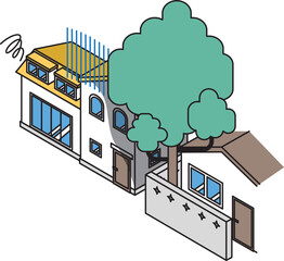 隣の家の樹木がはみ出し日陰になってしまった住宅のアイソメイラスト