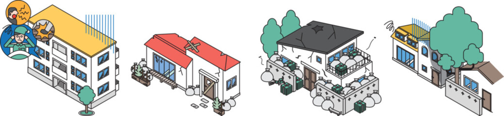 身近に潜む近隣トラブルとシンプルな住宅のアイソメイラスト