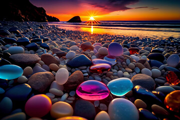 Fototapeta na wymiar Beautiful seascape with transparent stone at the beach, sunset, closeup, wallpaper, background 