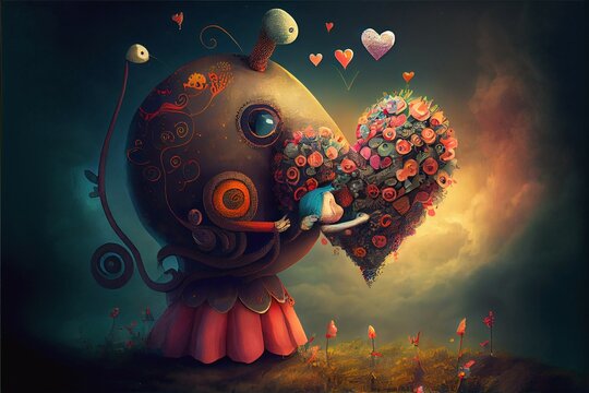 Whimsical Love Valentine Dreamscape, Mind Bending Creative Art Couple Heart Happiness , Generative Ai