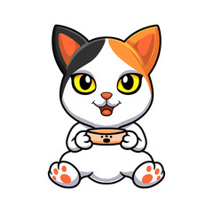 Fototapeta na wymiar Cute japanese bobtail cat cartoon holding food bowl