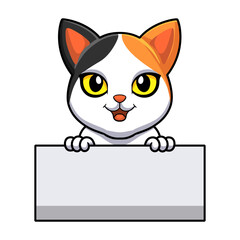 Cute japanese bobtail cat cartoon holding blank sign