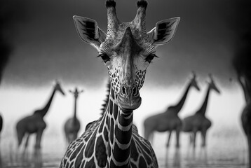 Close up shot of giraffe head. Giraffe on the background of the savannah
