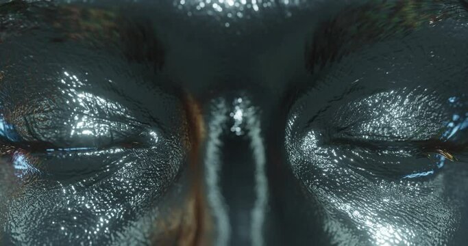 Futuristic female cyber face with metallic skin and artificial electronic eyes waking up, artificial intelligence conceptual design