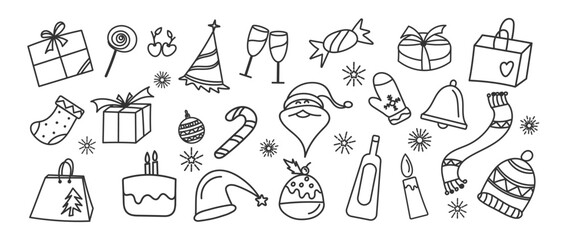 Set of christmas element vector illustration. Hand drawn doodle style of christmas tree, present, candle light, santa, candy, party hat, bauble. Design for sticker, card, poster, invitation, greeting.