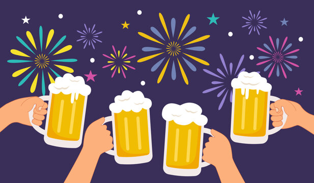 Beer glasses toast celebration party in flat design. Beer cheers with fireworks.