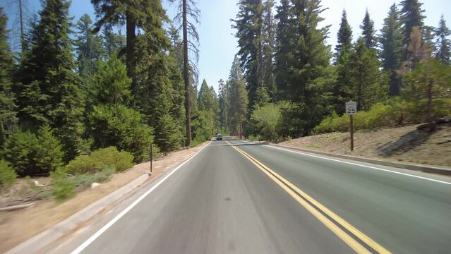 Kings Canyon Scenic Byway East Section 02 Eastbound Multi Camera Rear View Grant Grove Driving Plate Sierra Nevada Mts California USA