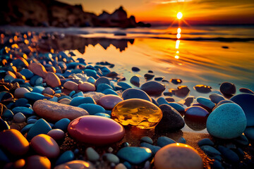 Fototapeta na wymiar Beautiful seascape with crystal transparent stone at the beach, sunset, closeup, wallpaper, background