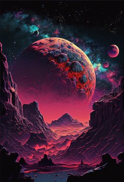 Planet In Space Oddwrold Rocky  Surface With Galaxies Stars Moons, Moon, Galaxy, Fantasy, Sci-fi, Generative Ai