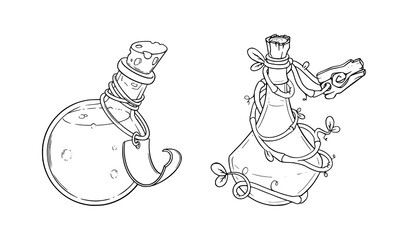 Closed apothecary bottles with poison and potion. Glass bottle and vial with a label for games. Vector illustration isolated in white background