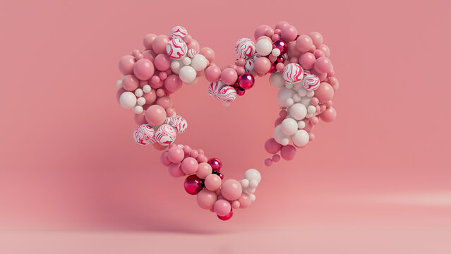 Multicolored Balloon Love Heart. Pink, White and Metallic Balloons arranged in a heart shape. 3D Render. 