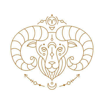 Aries zodiac astrology horoscope stylized sign thin line. Ram symbol of esoteric, zodiacal astrological calendar, horoscope constellation vector illustration