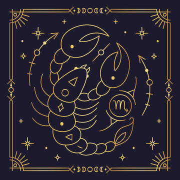 Scorpio zodiac astrological horoscope golden sign dark navy card. Stylized Scorpion symbol of esoteric, zodiacal astrological calendar, horoscope constellation thin line vector illustration