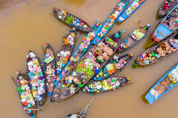 Aerial view from above Phong Dien floating market on Tet holiday full of fruit and agricultural products
