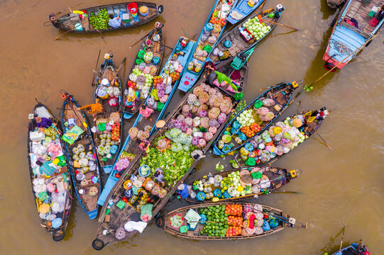 Aerial view from above Phong Dien floating market on Tet holiday full of fruit and agricultural products
