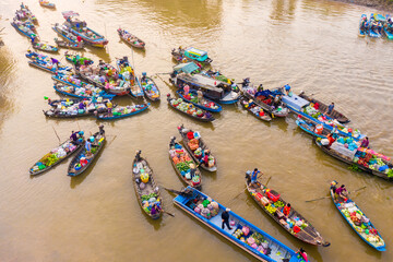 Aerial view from above Phong Dien floating market on Tet holiday full of fruit and agricultural products