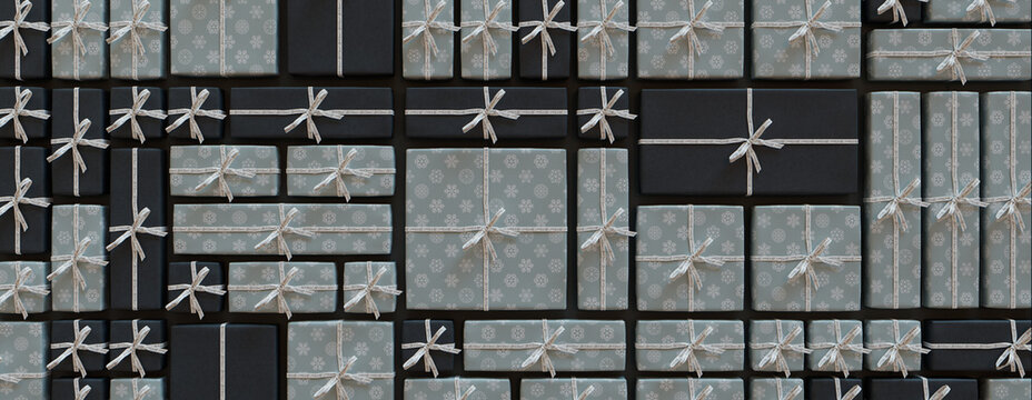 Trendy Duck Egg Blue and Black Christmas Wallpaper. Precisely arranged Seasonal Gifts form a Grid pattern. 