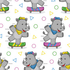 Cute rhino cartoon playing skateboard seamless pattern design