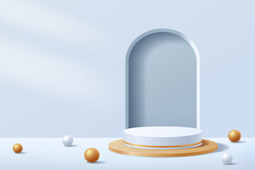 White and gold abstract 3D scene for mockup, Cylindrical podium for display product presentation background