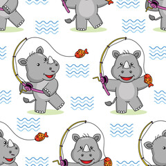 Cartoon cute rhino fishing seamless pattern design seamless pattern design