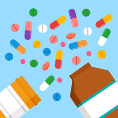 Medicine bottle with pill tablets and capsules in flat design.