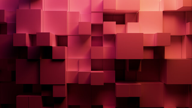 Perfectly Constructed Multisized Block Wall. Coral and Pink, Modern Tech Wallpaper. 3D Render.